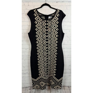 CALVIN KLEIN black beige geometric contrast sheath bodycon sleeveless knit dress
